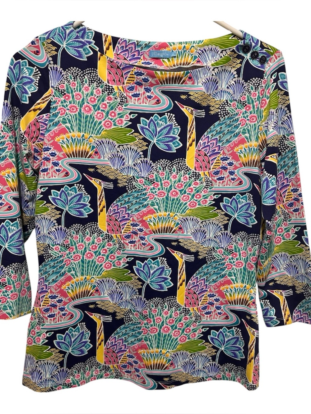 J. MCLAUGHLIN Smooth Stretch Tropical Floral/Leaf/Bird Colorful Top Size Small